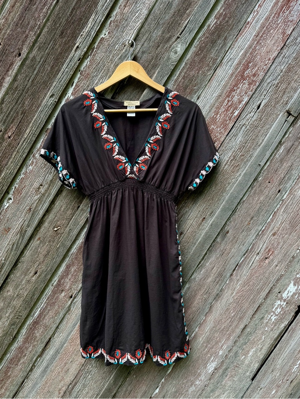 Moon Collection Brown Embroidered Cotton Boho Peasant Dress Size Small